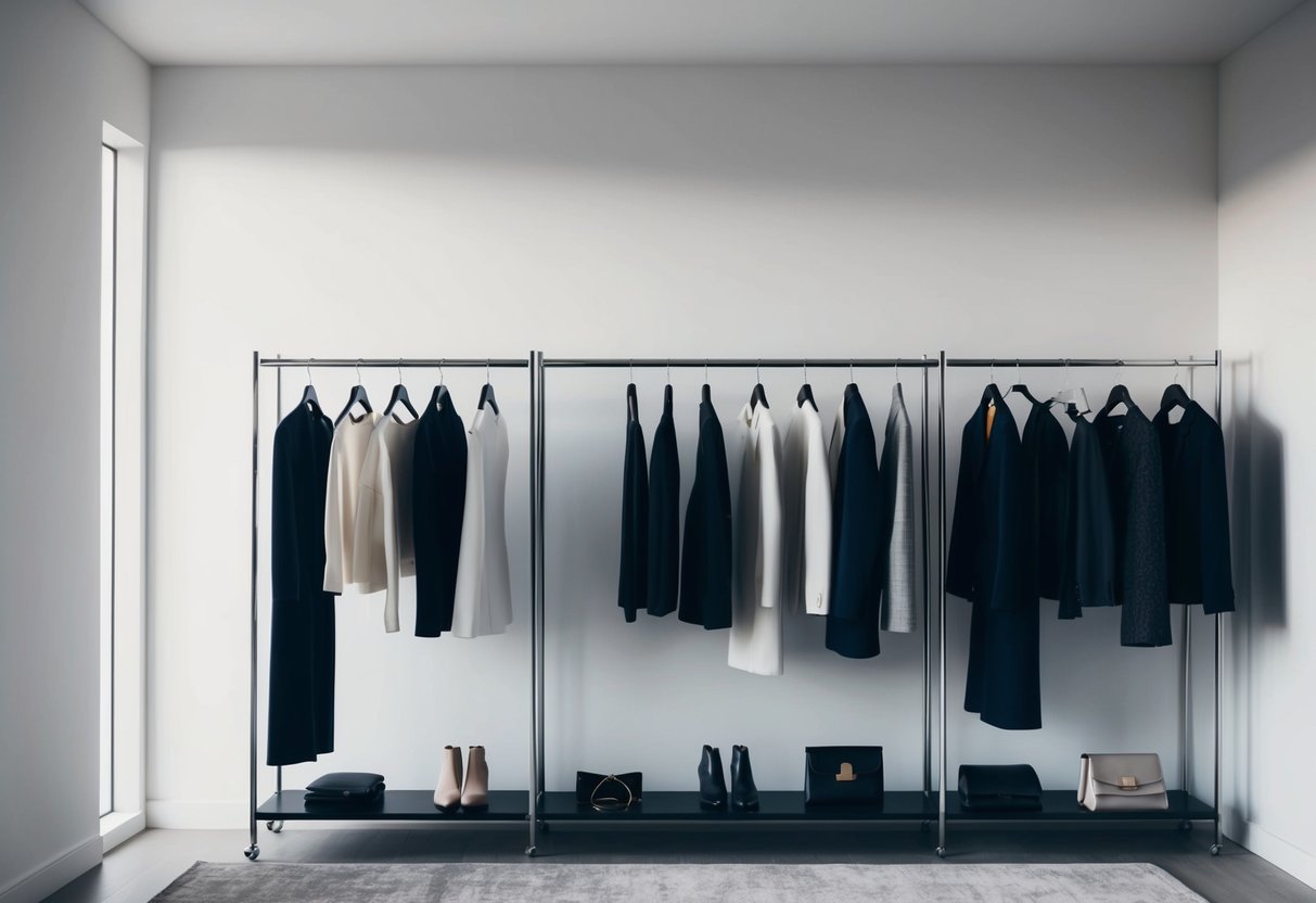 A sleek, minimalist wardrobe with high-quality, timeless pieces. A few well-chosen accessories add sophistication