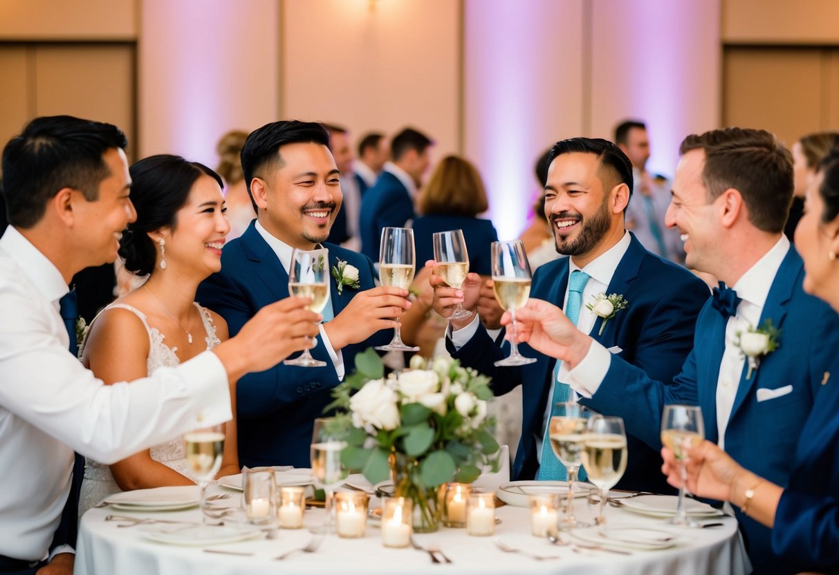 Guests mingling, clinking glasses, and sharing laughs at a wedding reception