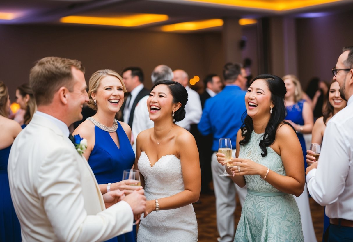 Guests mingling at a wedding reception, laughing and chatting in small groups. A lively dance floor in the background