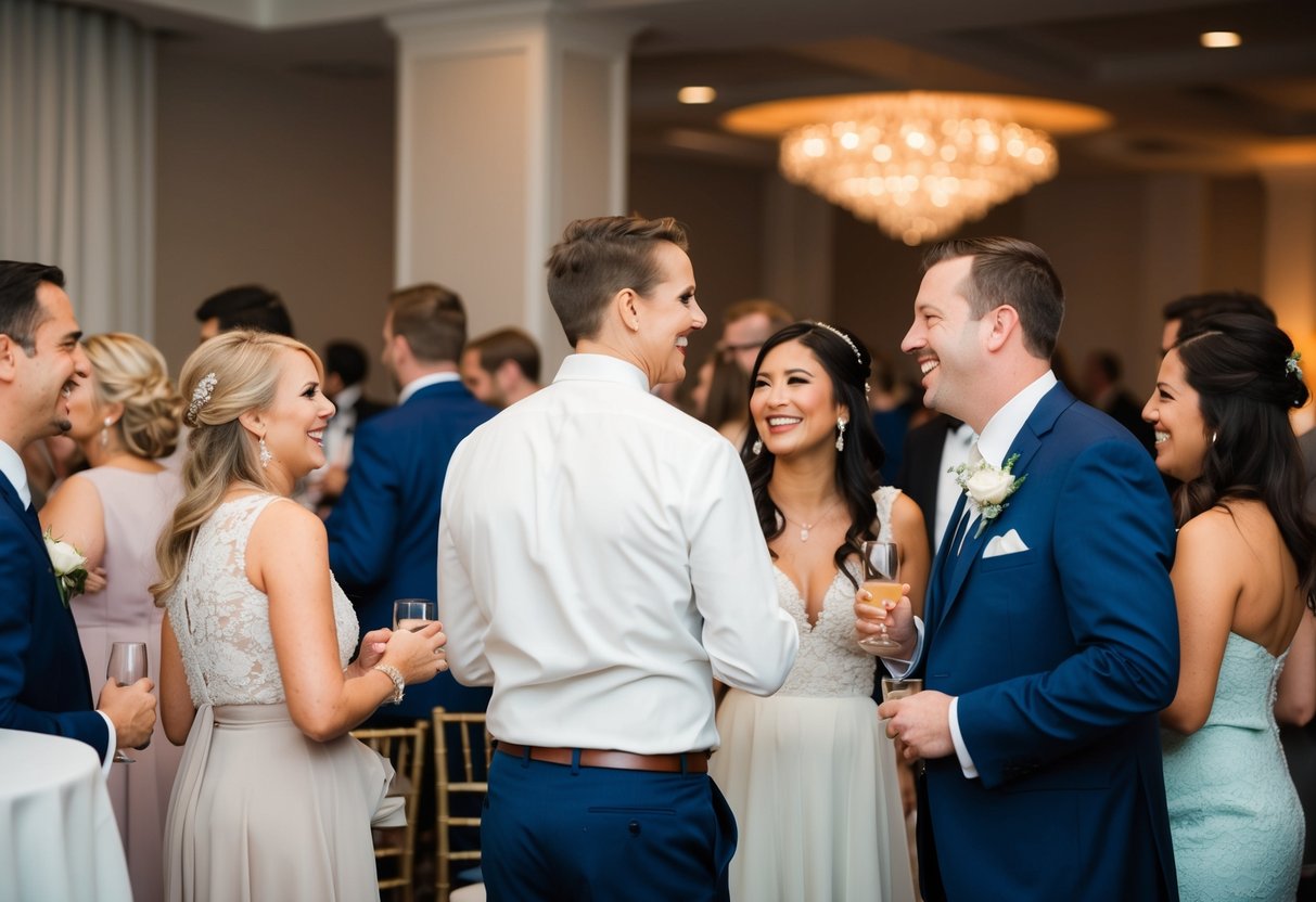 Guests mingling at a wedding reception, chatting and laughing in small groups. A couple is seen exchanging flirtatious glances across the room