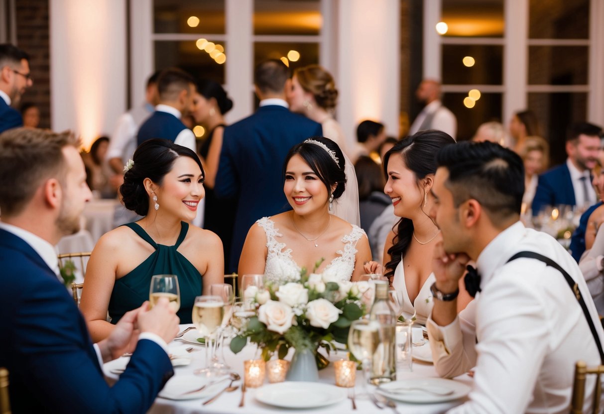Guests mingling at a wedding reception, some exchanging flirtatious glances, others engaged in whispered conversations