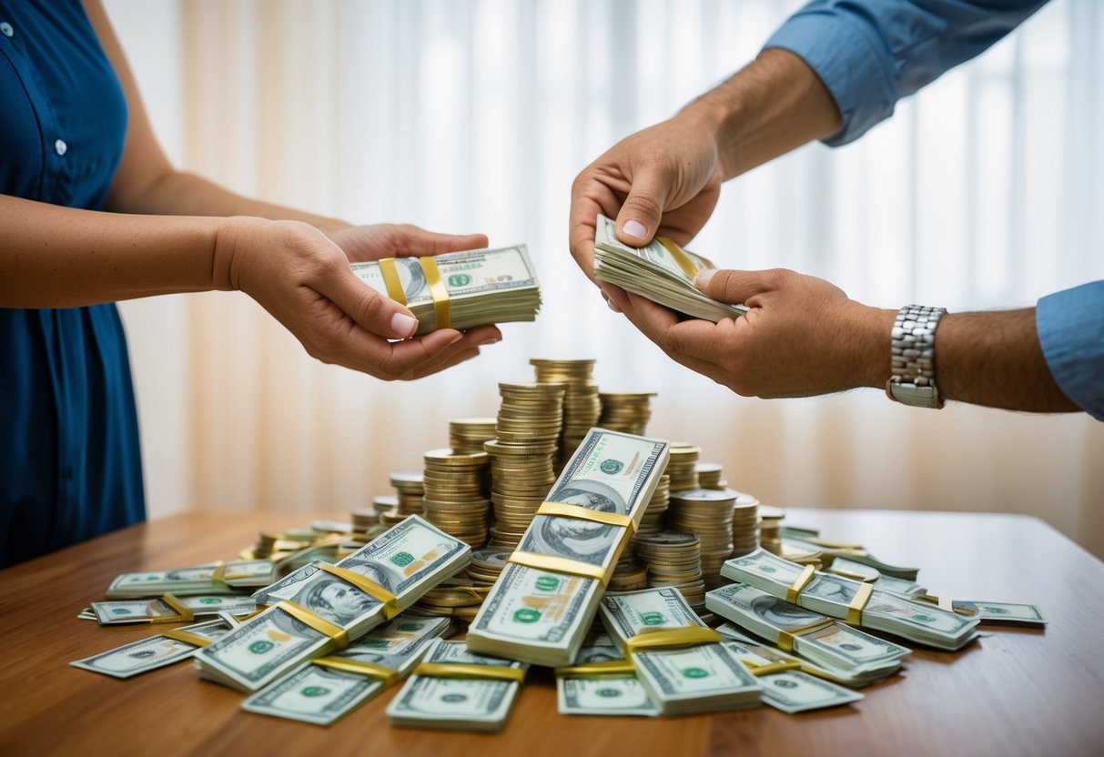 A pile of money and goods being exchanged between two families, with a sense of tension and unease in the air