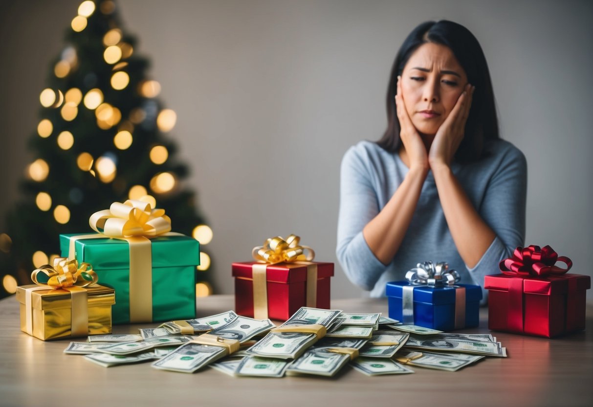 A pile of money and valuable gifts laid out on a table, while a woman stands with a look of resignation and sadness