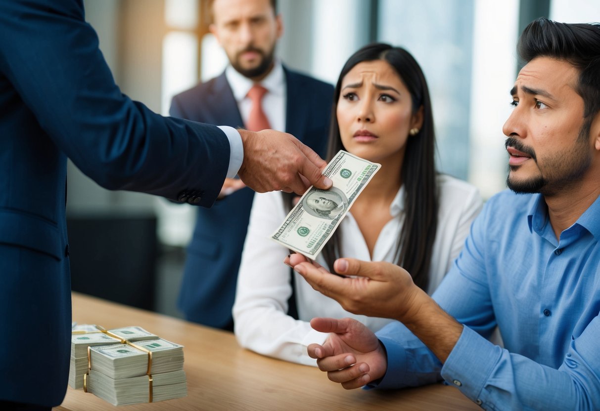 A man handing over a large sum of money to another man, while a woman looks on with a worried expression