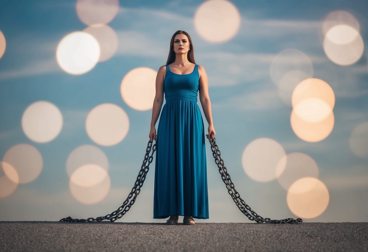 A woman standing alone, burdened by heavy chains representing the psychological and emotional effects of bride price