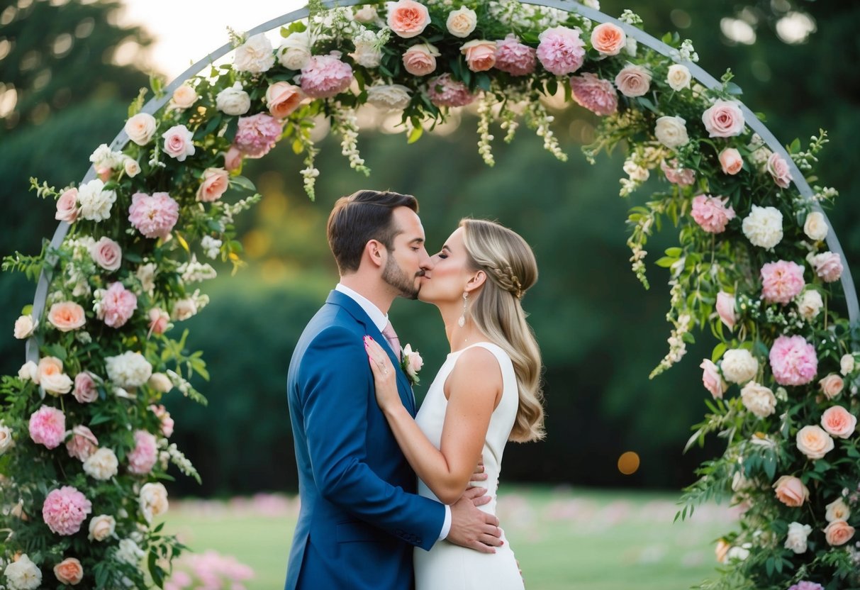 A couple standing beneath a flower-covered arch, sharing a gentle and loving kiss