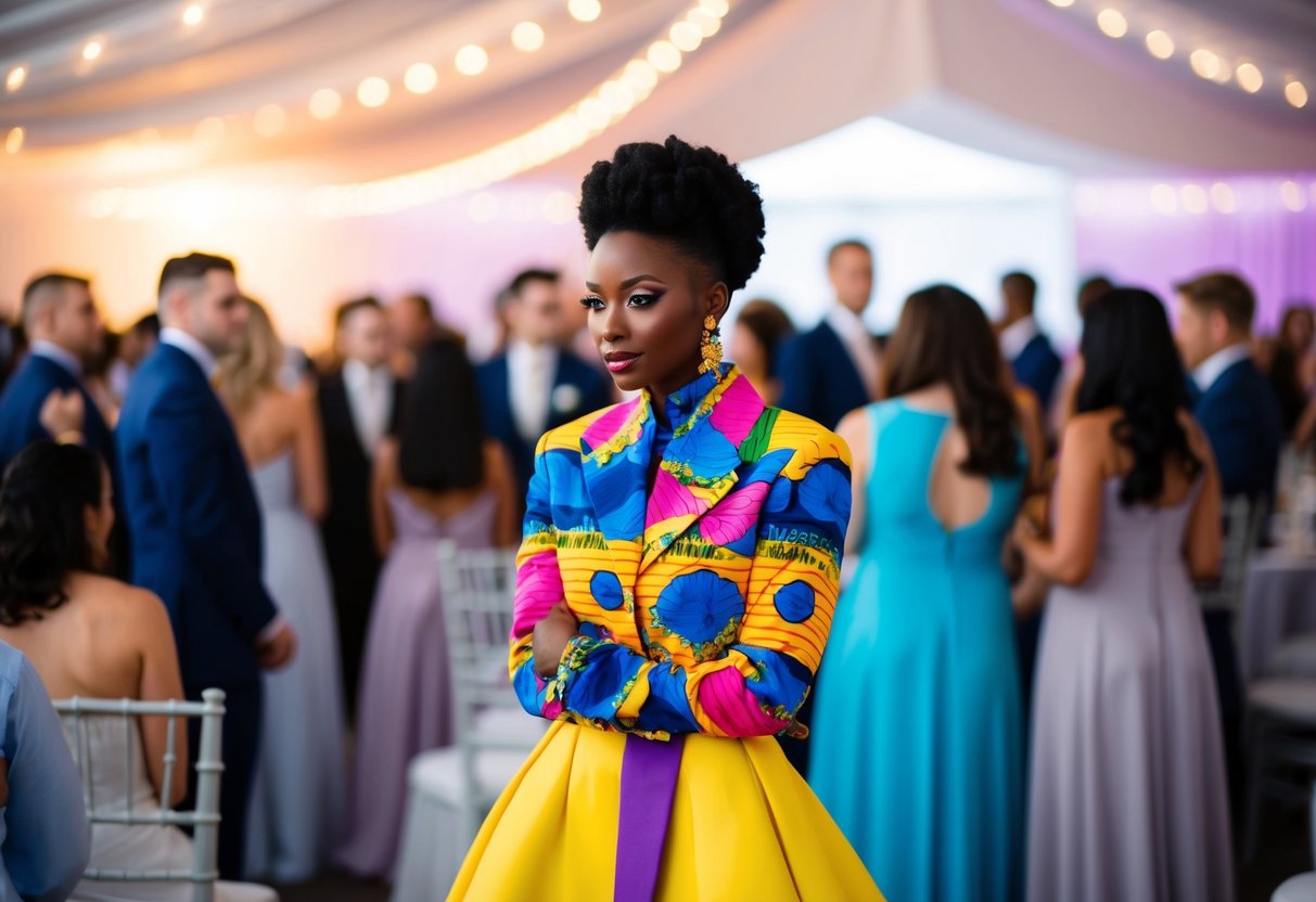 A lone figure in a vibrant, eye-catching outfit amidst a sea of muted, formal attire at a wedding reception
