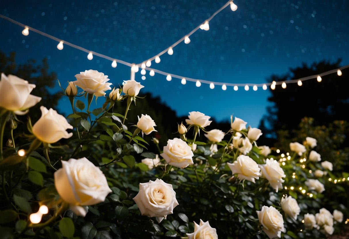 A garden adorned with elegant white roses and twinkling fairy lights, under a starry night sky