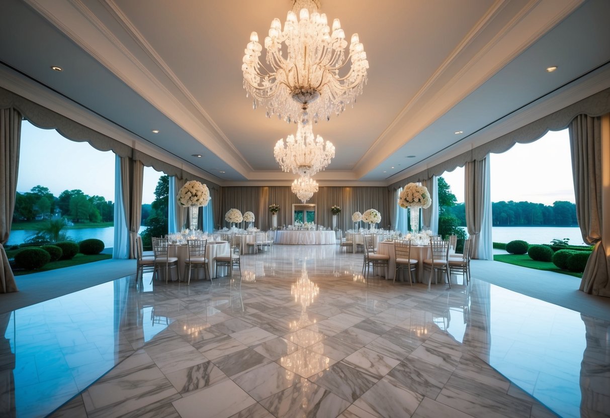 A grand ballroom with ornate chandeliers and marble floors, surrounded by lush gardens and a serene lake, evoking a timeless wedding theme