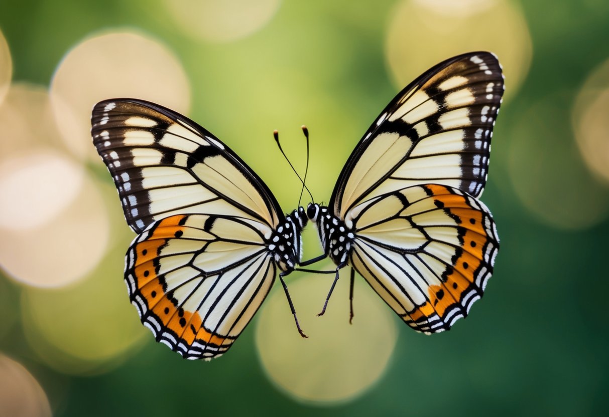 Two butterfly wings gently meet in mid-air, creating a delicate and fleeting moment of connection