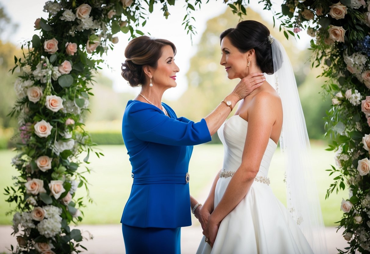 A woman stands beside a bride, their figures framed by a floral archway. The mother gently places her hand on her daughter's shoulder, conveying love and support