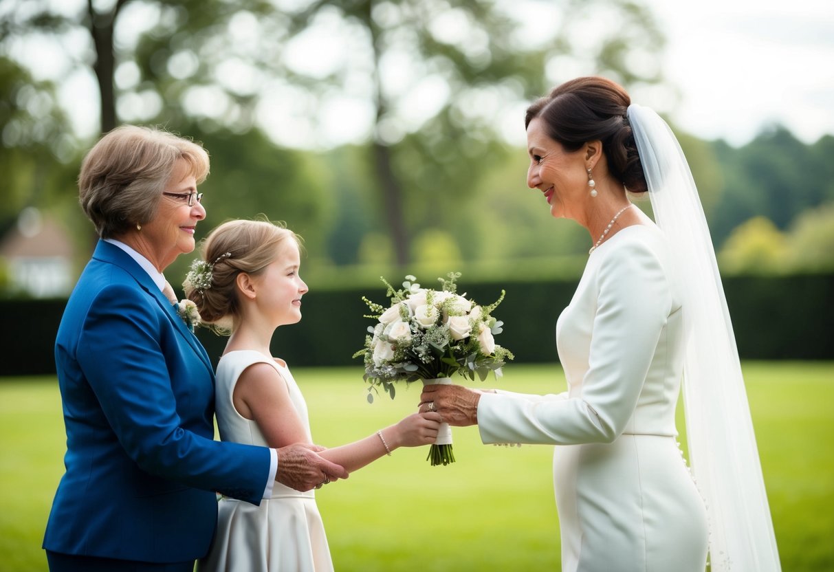A mother stands beside her daughter, symbolically passing a bouquet to the groom