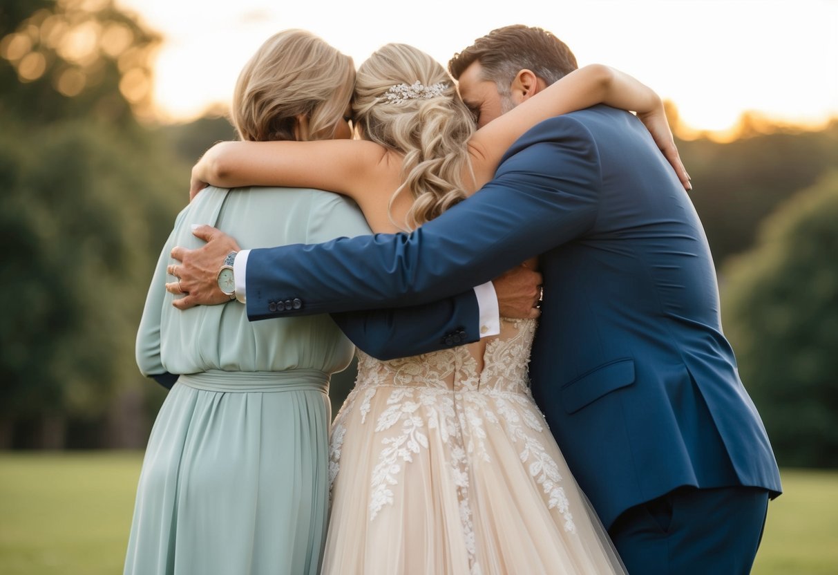 Two families embrace, their arms intertwined, as a figure in a flowing gown stands at the center, surrounded by love and support