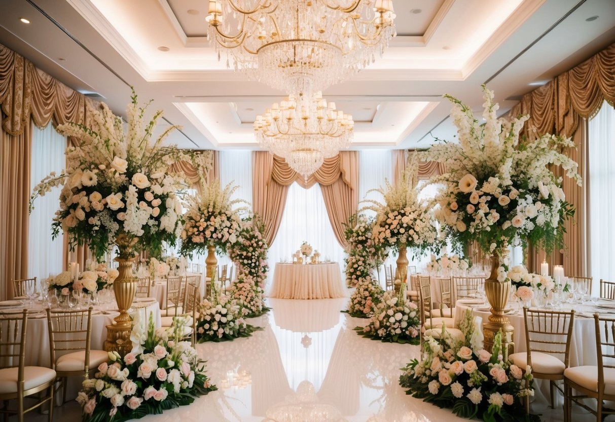 A lavish wedding venue with opulent decor and extravagant floral arrangements