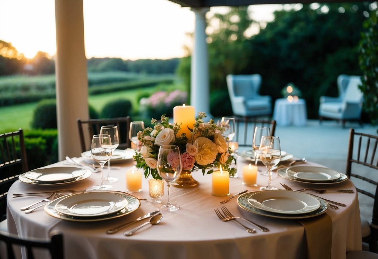 A table set with elegant dinnerware and flowers, bathed in soft candlelight, with a picturesque view of a serene garden in the background