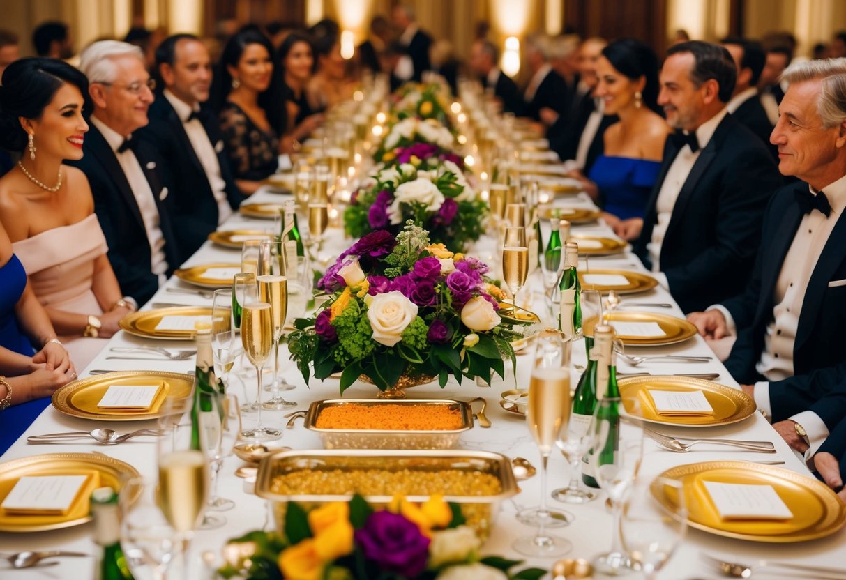 A lavish banquet table adorned with caviar, champagne, and opulent floral arrangements, surrounded by elegantly dressed guests