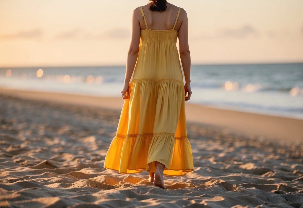 A person on a sandy beach, wearing a golden yellow sundress, with the sun casting a warm glow on their skin