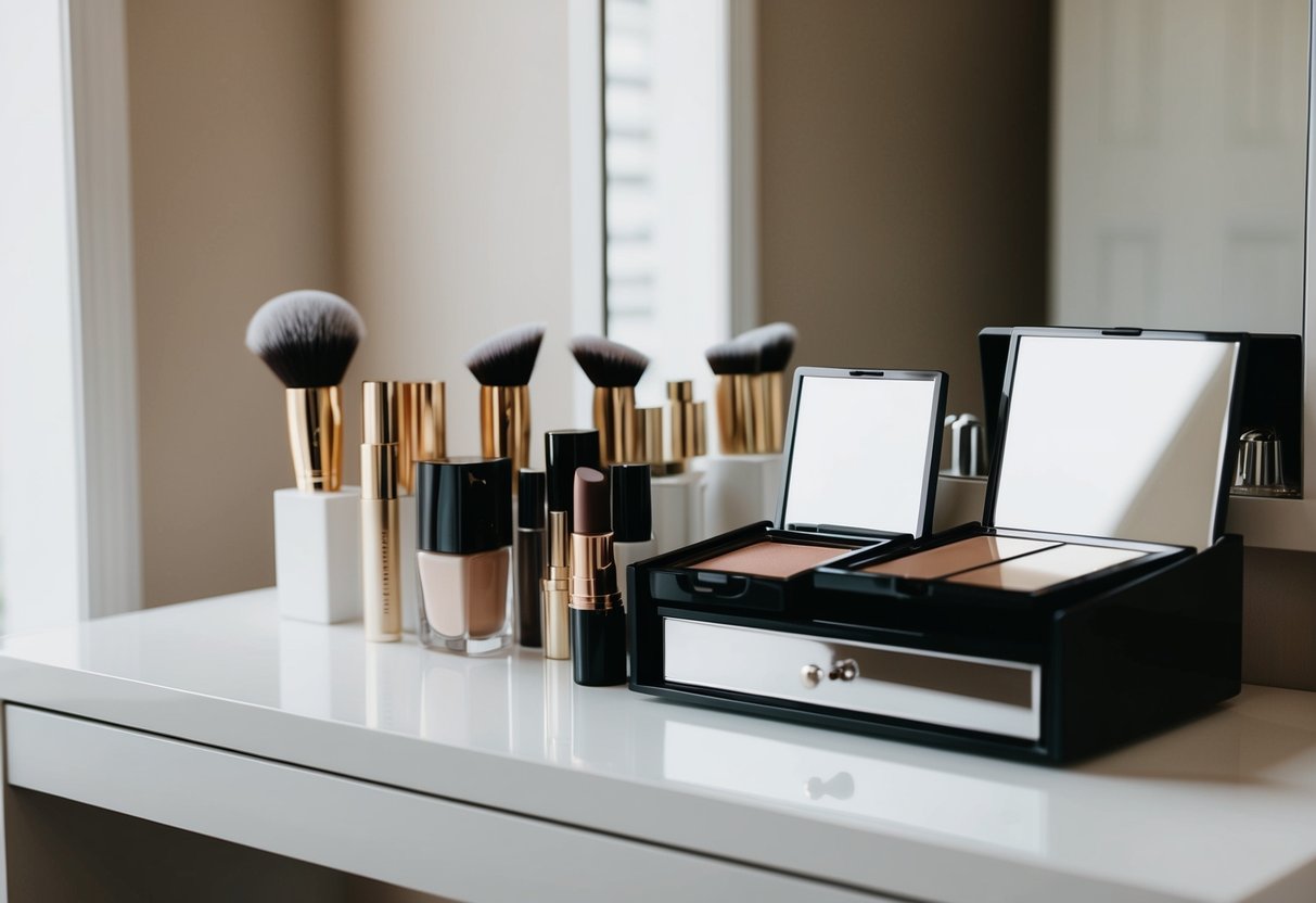 A clean, organized vanity with a few essential makeup products laid out for a minimalist wedding look