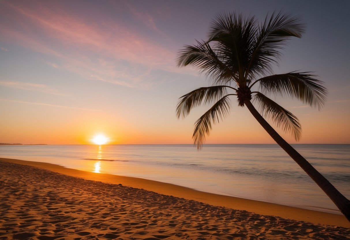 A beach scene at sunset with warm orange and pink tones, a palm tree casting a shadow, and a golden sand beach