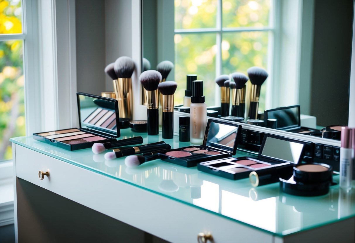 A bride's makeup essentials laid out on a clean, organized vanity with natural light streaming in from a nearby window