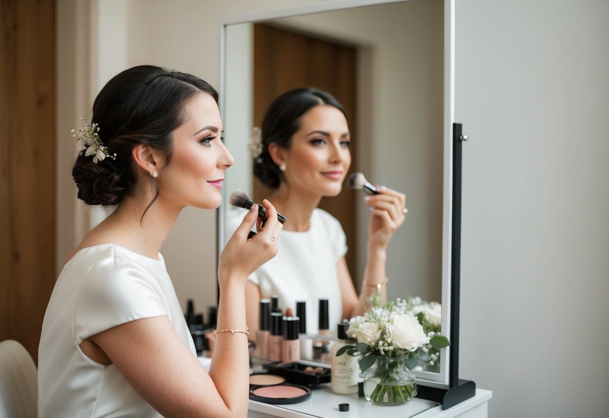 A bride sits at a vanity, applying subtle makeup with soft, natural tones. A few delicate flowers adorn her hair, adding a touch of elegance to her minimal wedding look