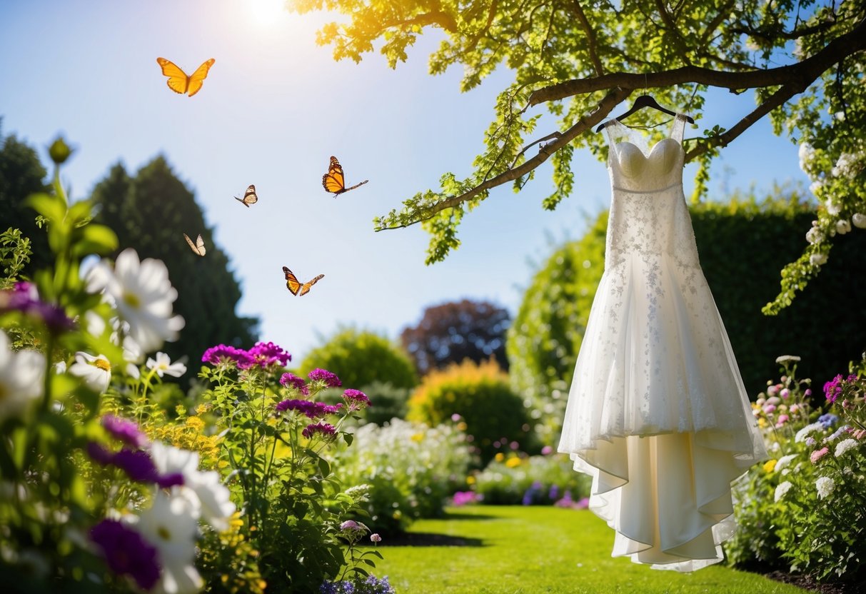 A sunny garden filled with blooming flowers and fluttering butterflies, with a sparkling, flowing wedding dress hanging from a tree branch