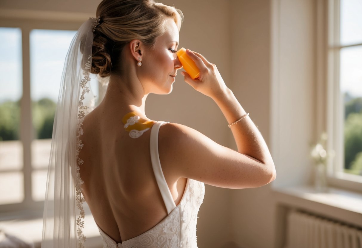 A bride applying sunscreen to her shoulders and back in a sunlit room