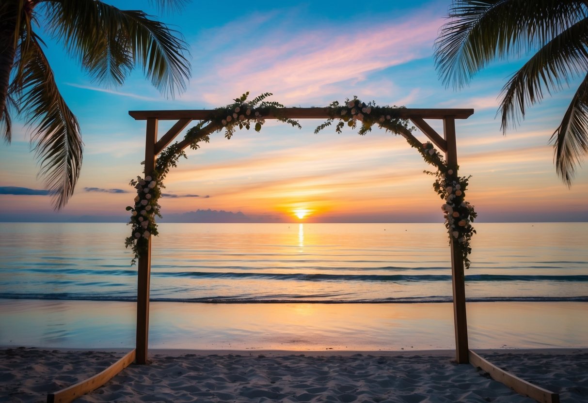 A serene beach at sunset, with a colorful sky reflected in the calm water, framed by palm trees and a simple wooden archway adorned with flowers
