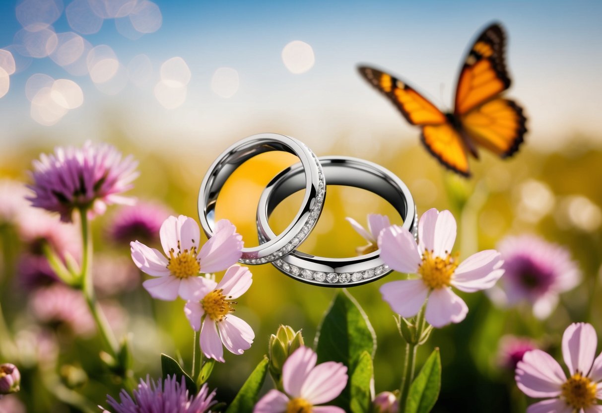 A pair of interlocked wedding rings surrounded by blooming flowers and fluttering butterflies