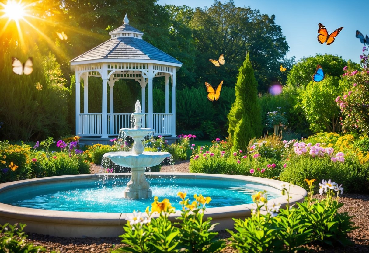 A sunlit garden with blooming flowers, a white gazebo, and a sparkling fountain, surrounded by lush greenery and colorful butterflies fluttering in the air