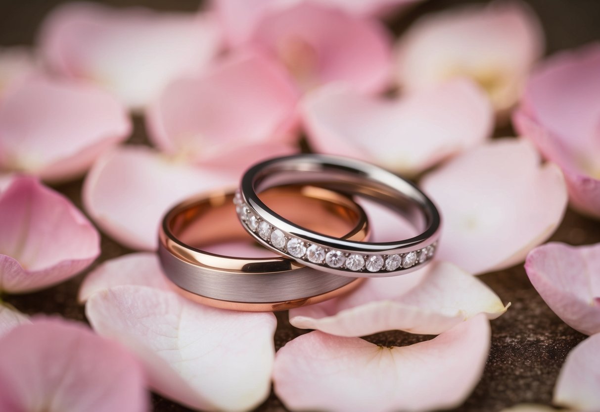 A pair of intertwined wedding rings resting on a bed of delicate pink rose petals