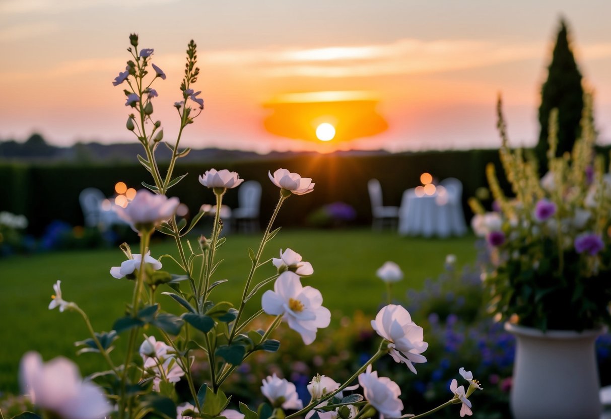 A serene sunset casts a warm glow over a garden, with delicate flowers and elegant decor, creating a romantic ambiance for wedding photography