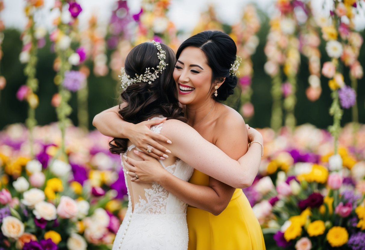 A bride and her best woman share a joyful embrace amidst a sea of colorful flowers and elegant decor