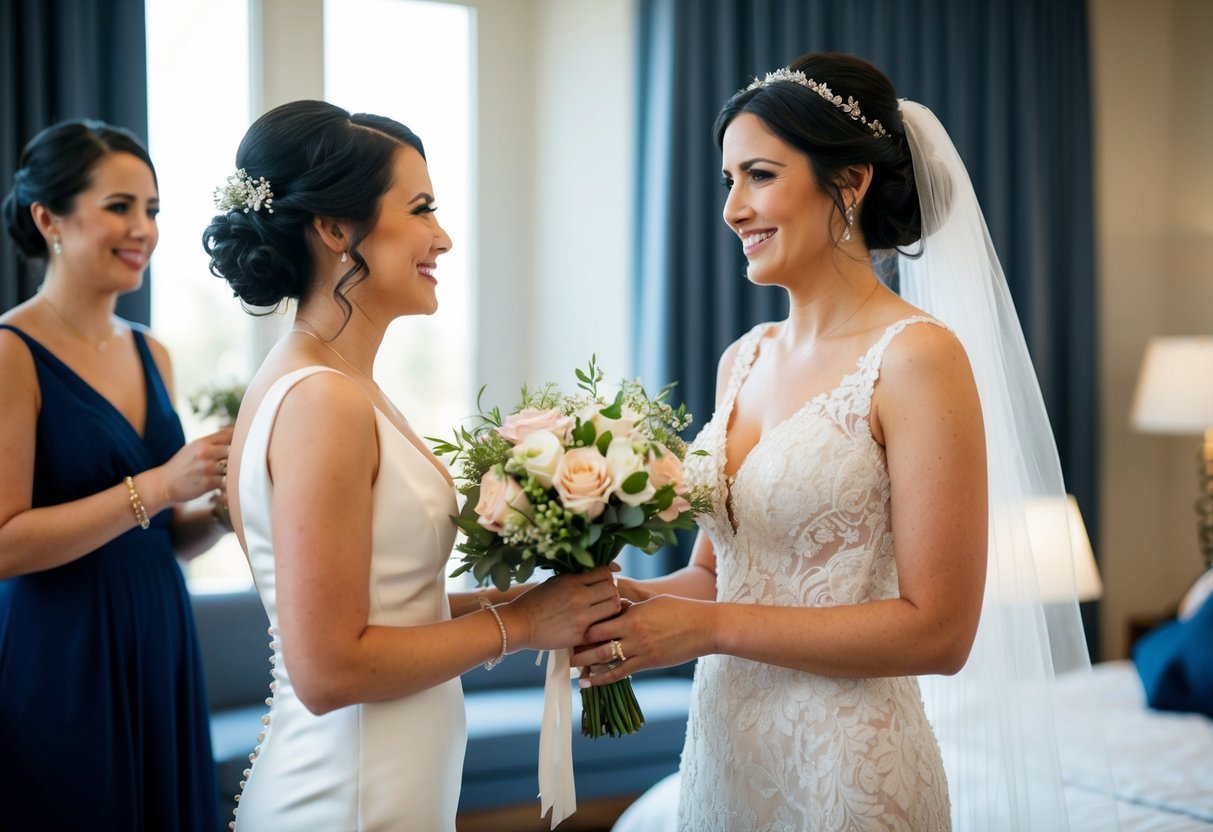 A best woman stands beside the bride, holding a bouquet and smiling. She offers support and assistance throughout the wedding preparations