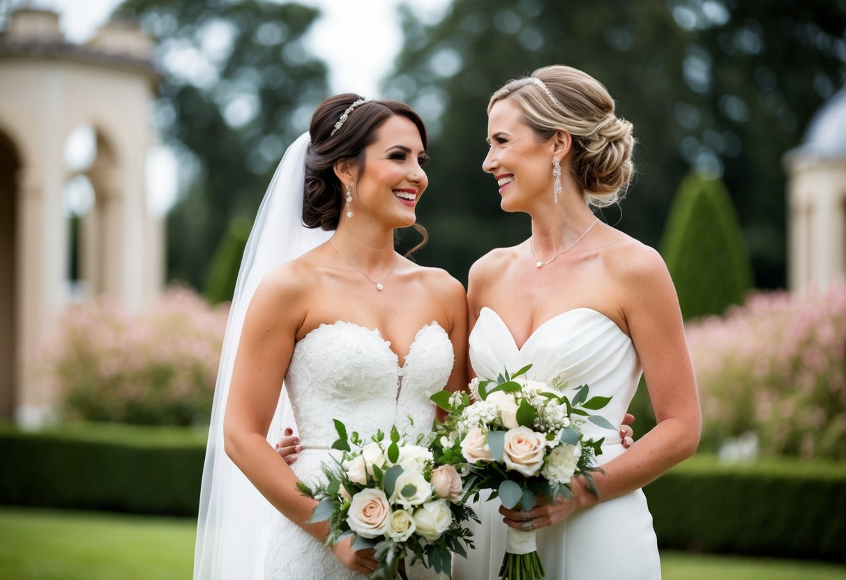 The bride and her best woman stand side by side, both wearing elegant dresses and holding bouquets. They share a smile, showcasing their close bond and support for each other on the big day