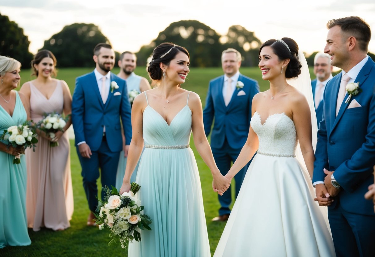 A bride stands beside her best woman, both smiling and holding hands. The wedding party surrounds them, diverse in age, gender, and appearance