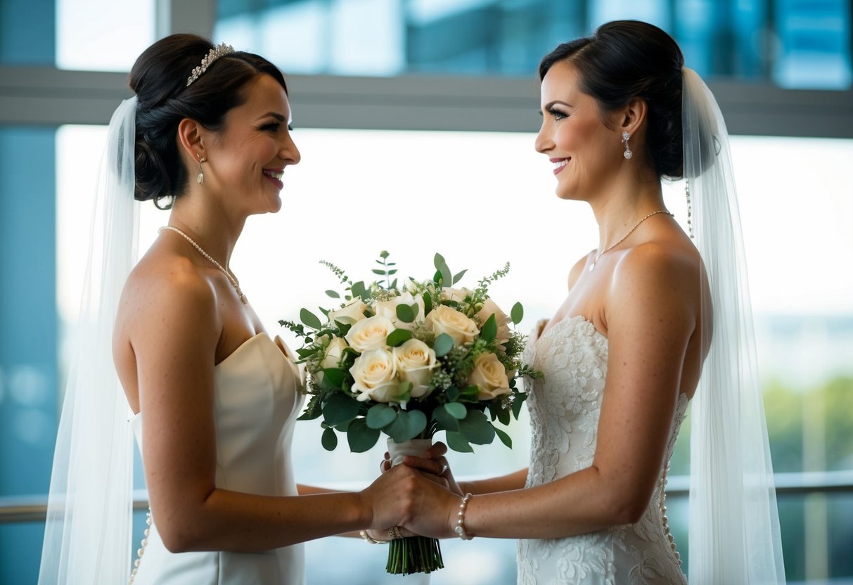 A bride and her best woman stand side by side, both dressed in elegant wedding attire. The bride holds a bouquet while the best woman offers a supportive smile