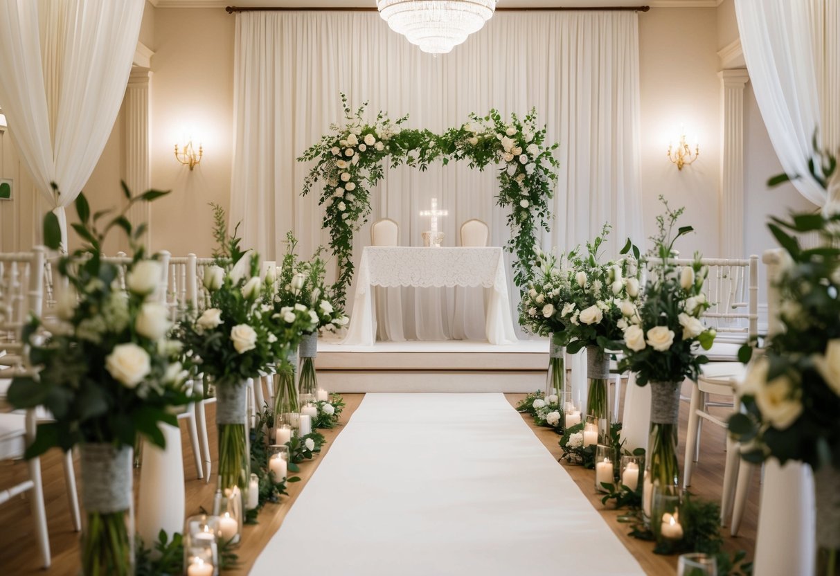 The hall is adorned with elegant drapery, soft lighting, and fresh flowers arranged in tall vases. A white aisle runner leads to a beautiful altar adorned with delicate lace and greenery