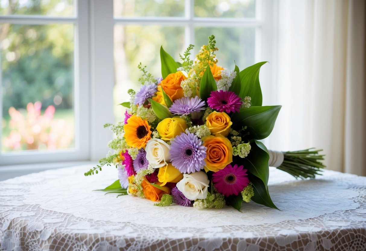 A bouquet of colorful flowers arranged on a white lace tablecloth with soft natural light streaming in from a nearby window
