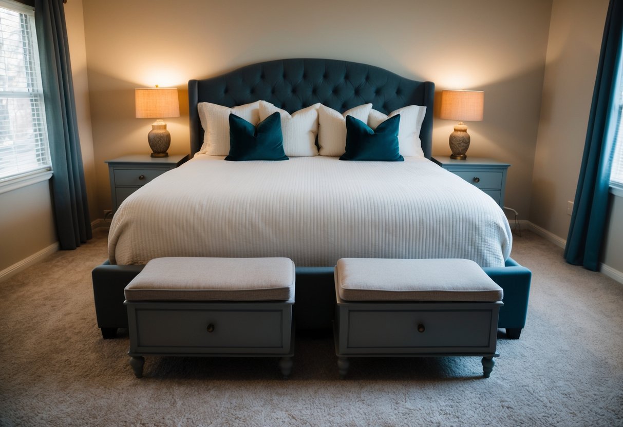 A cozy bedroom with a large, comfortable bed and two matching nightstands, softly lit by a warm lamp on each side