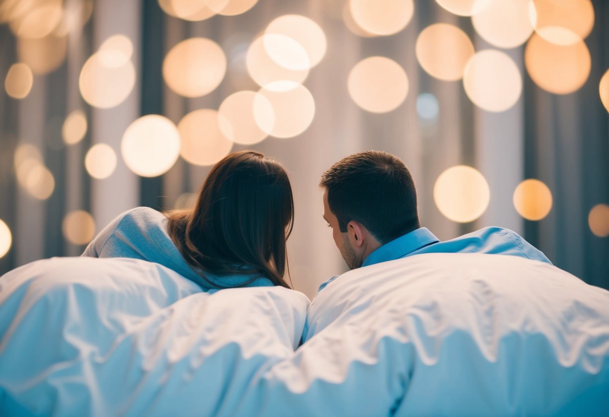 A couple lying in bed, facing opposite directions, with a noticeable gap between them