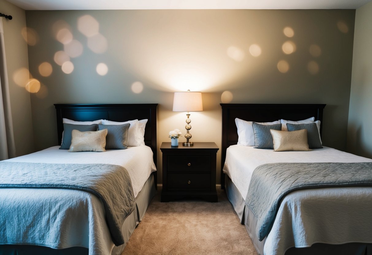A bedroom with two separate beds, each with its own nightstand and lamp. The room is cozy and inviting, with matching bedding and soft lighting