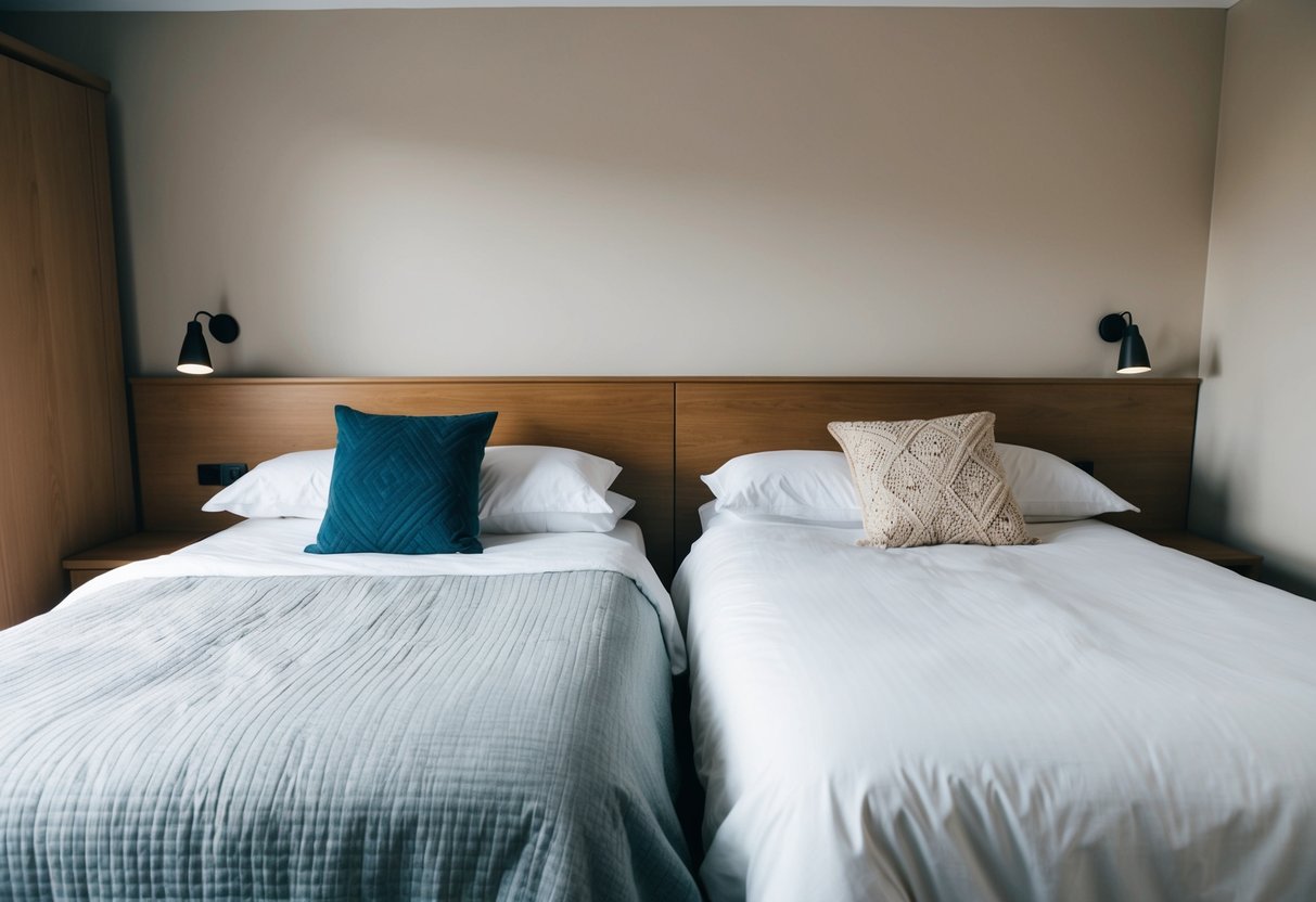 A cozy bedroom with two side-by-side beds, one neatly made and the other slightly rumpled, suggesting different sleep schedules for a married couple