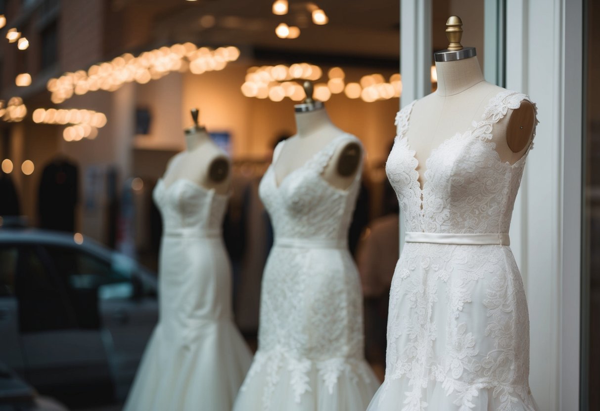 A vintage lace wedding dress displayed on a mannequin in a boutique window
