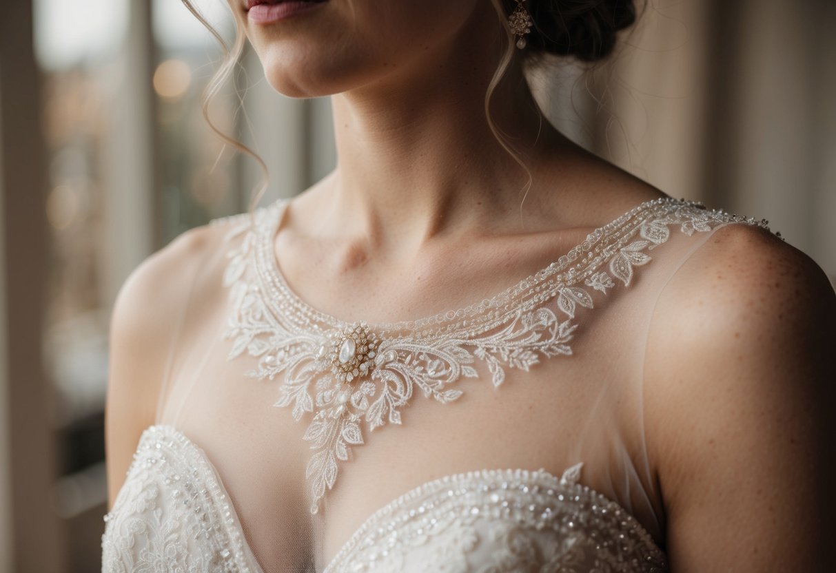 A close-up of a timeless wedding dress neckline with delicate lace and intricate beading