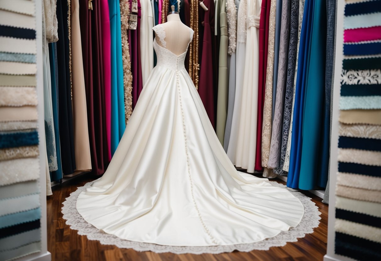A classic wedding dress with a long, flowing train made of satin, lace, or tulle, displayed against a backdrop of various fabric swatches