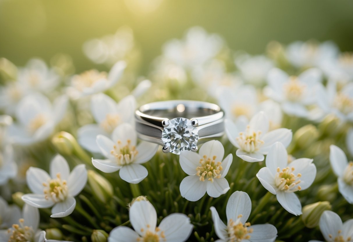 A wedding ring resting on a bed of delicate white flowers