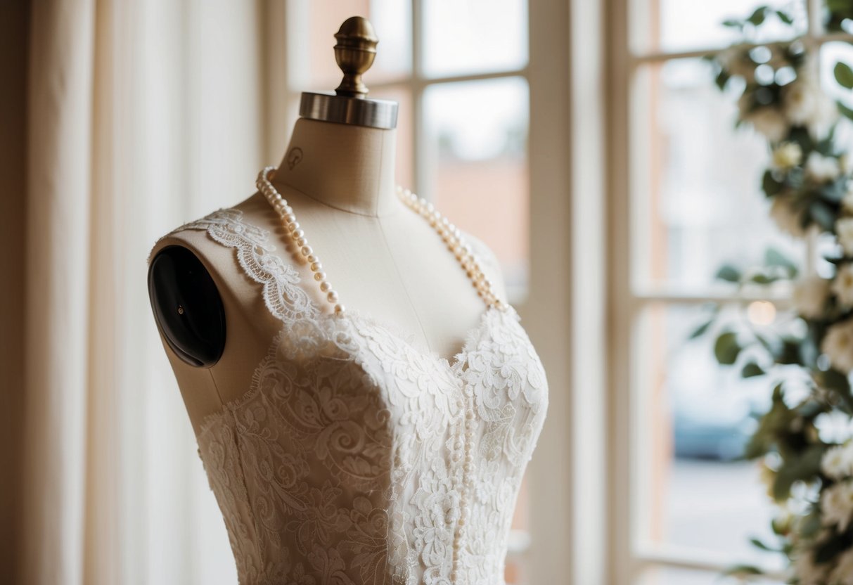 A vintage lace wedding dress with delicate pearl accessories on a mannequin