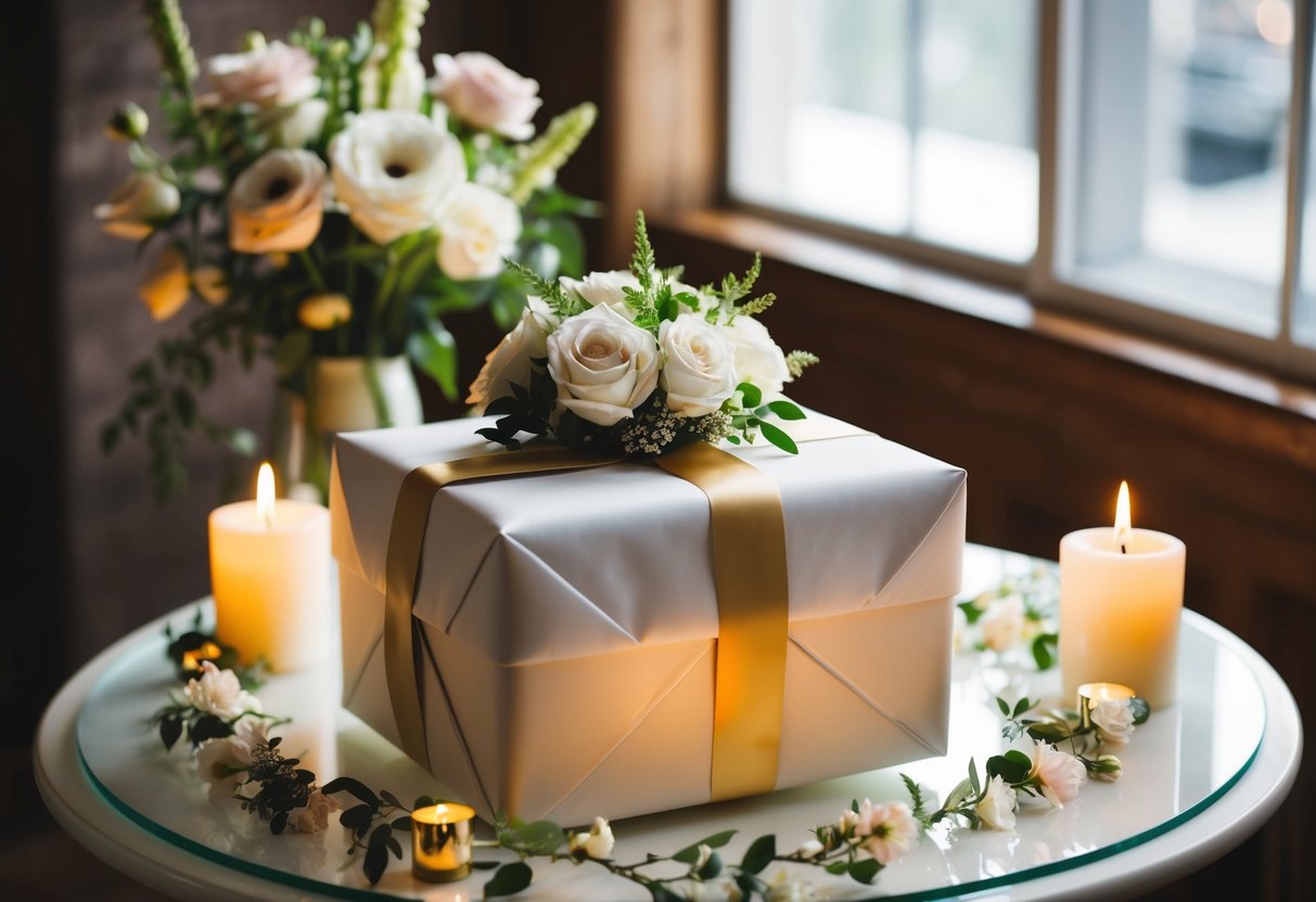 A beautifully wrapped gift sits on a table, surrounded by flowers and candles, ready to be presented to a loved one on their wedding day