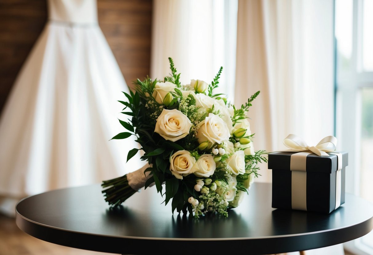 A bride's bouquet and a gift box on a table, with a wedding dress in the background